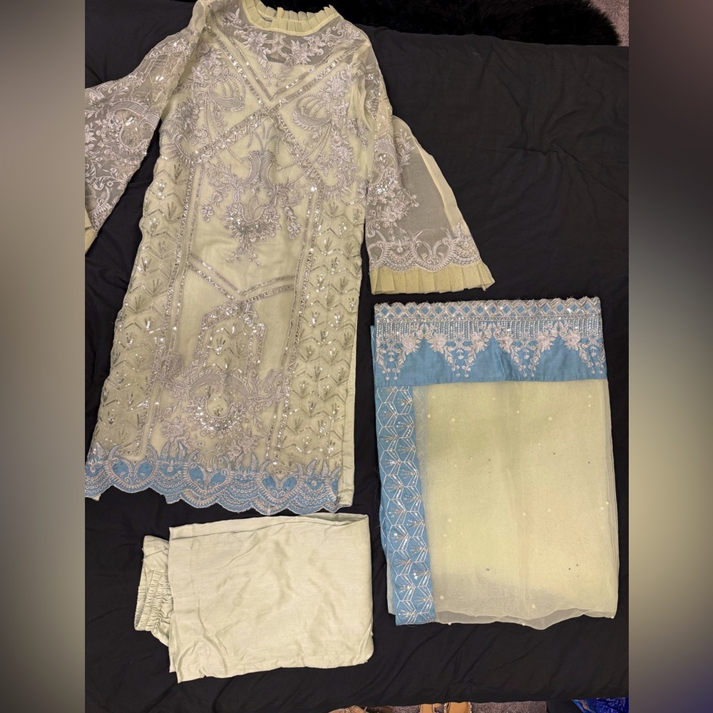Pakistani Embroidered shalwar kameez Dress Set in Sea Green